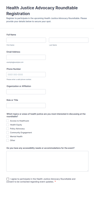 Health Justice Advocacy Roundtable Registration Form Template