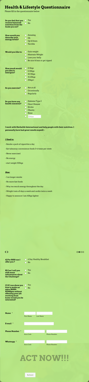 Health & Lifestyle Questionnaire Form Template