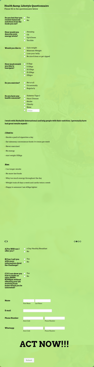 Health & Lifestyle Questionnaire Form Template