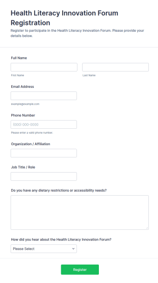 Health Literacy Innovation Forum Registration Form Template