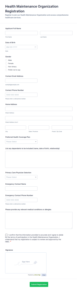 Health Maintenance Organization Registration Form Template