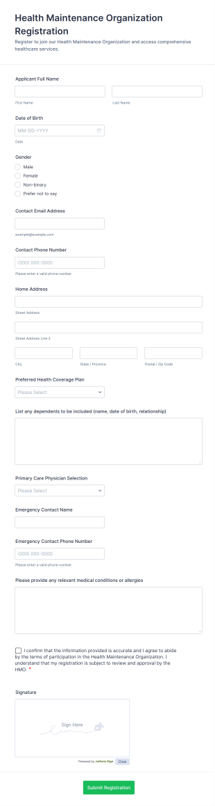 Health Maintenance Organization Registration Form Template