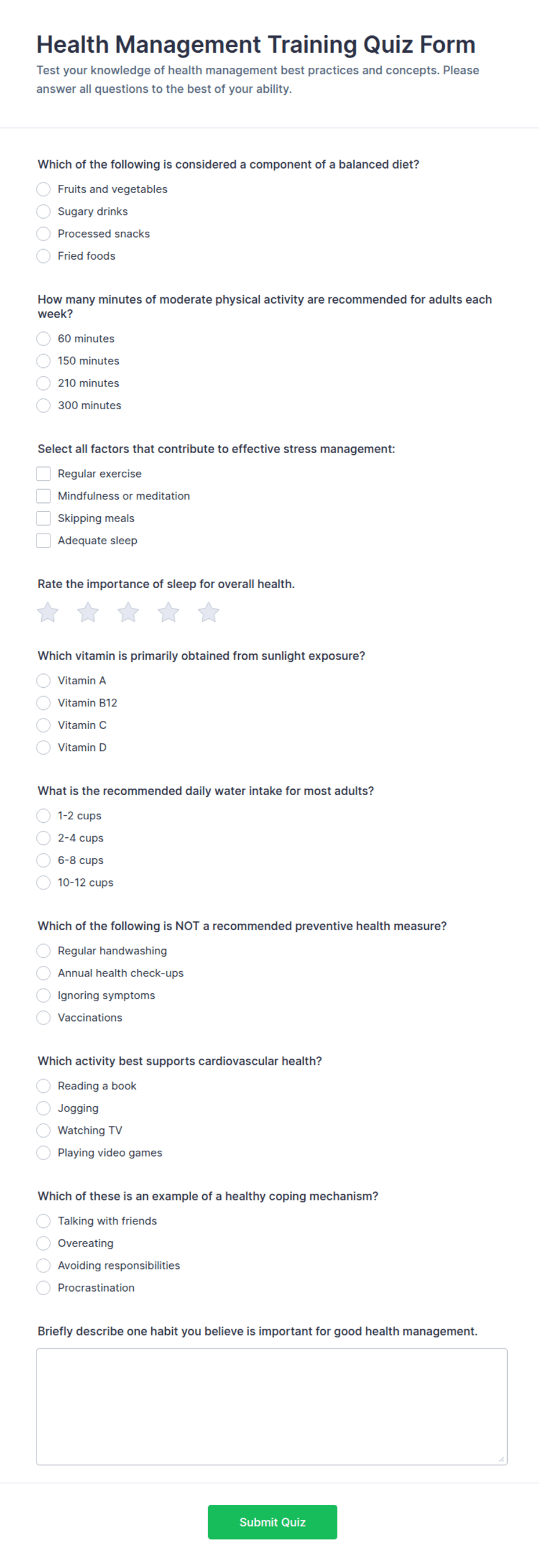 Health Management Training Quiz Form Template | Jotform