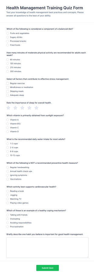 Health Management Training Quiz Form Template