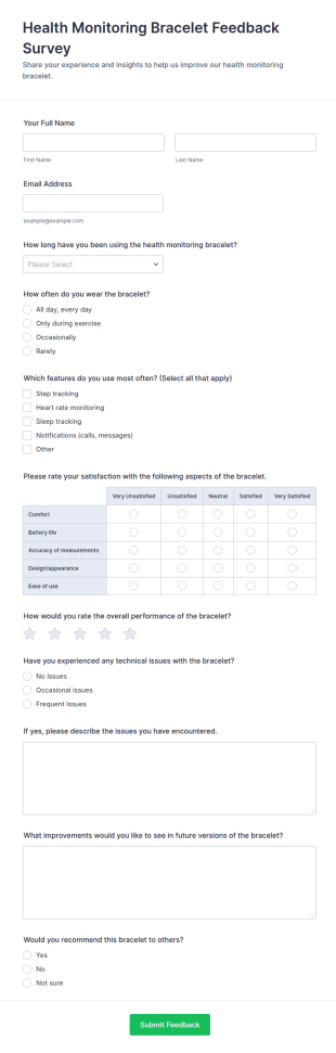 Health Monitoring Bracelet Feedback Survey Form Template
