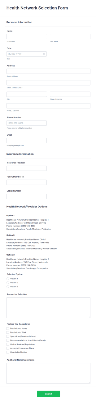 Health Network Selection Form Template
