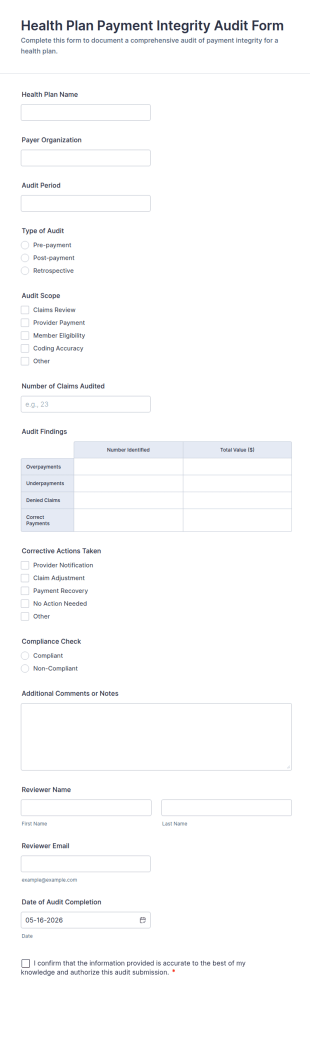 Health Plan Payment Integrity Audit Form Template