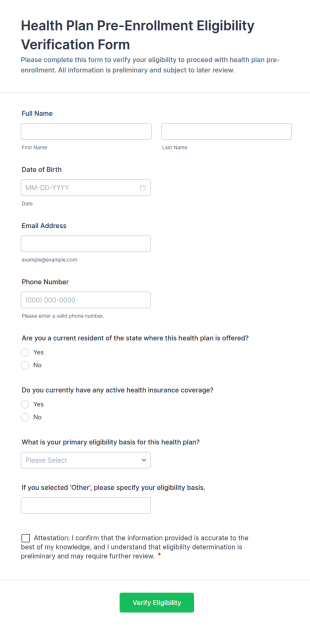 Health Plan Pre Enrollment Eligibility Verification Form Template