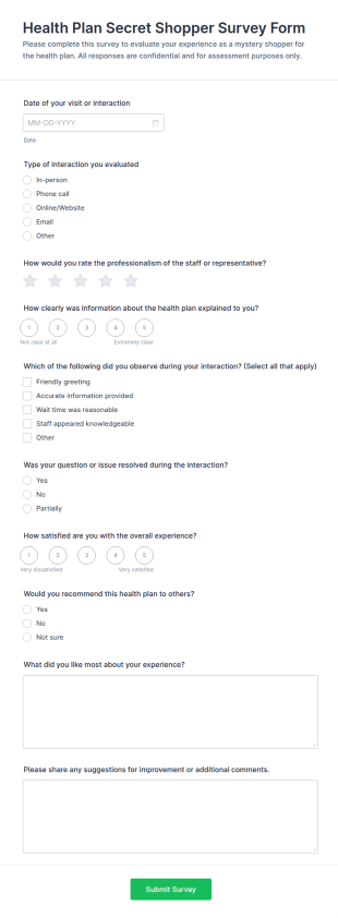 Health Plan Secret Shopper Survey Form Template