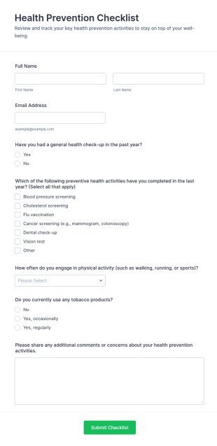 Health Prevention Checklist Form Template