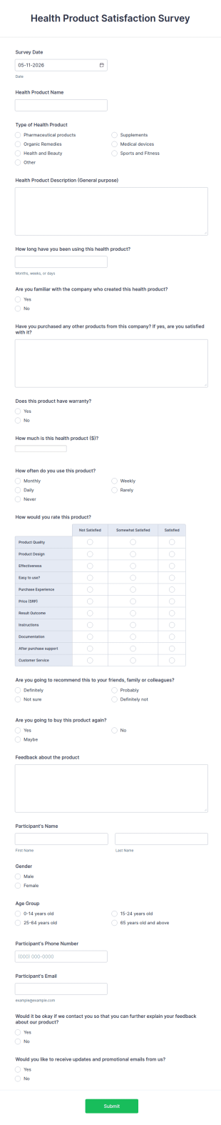 Health Product Satisfaction Survey Form Template