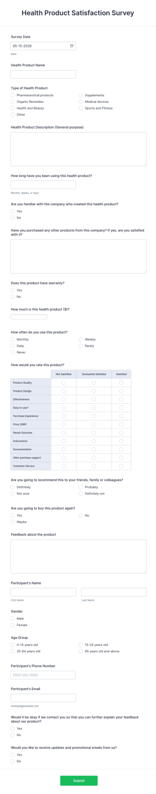 Health Product Satisfaction Survey Form Template