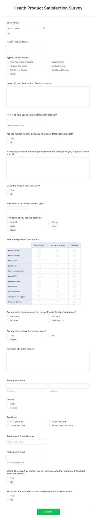 Health Product Satisfaction Survey Form Template