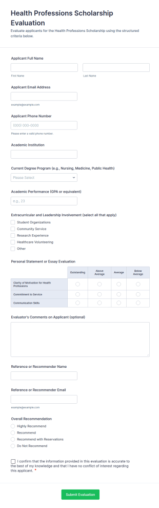 Health Professions Scholarship Evaluation Form Template
