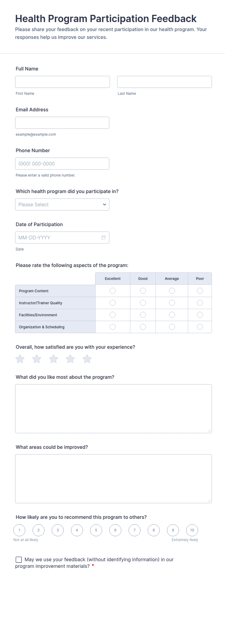 Program. Feedback Template Health Program Participation Feedback Form Template | Jotform