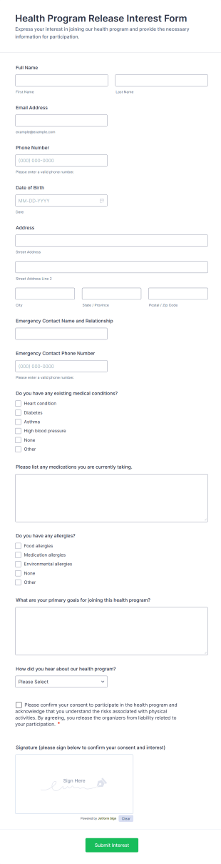 Health Program Release Interest Form Template