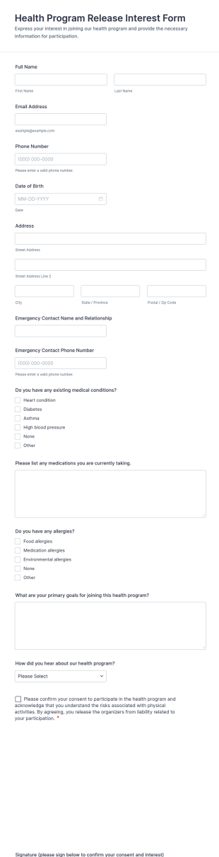 Health Program Release Interest Form Template