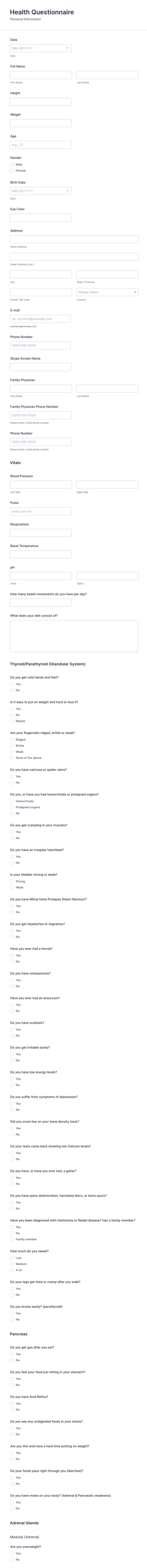 Health Questionnaire Form Template