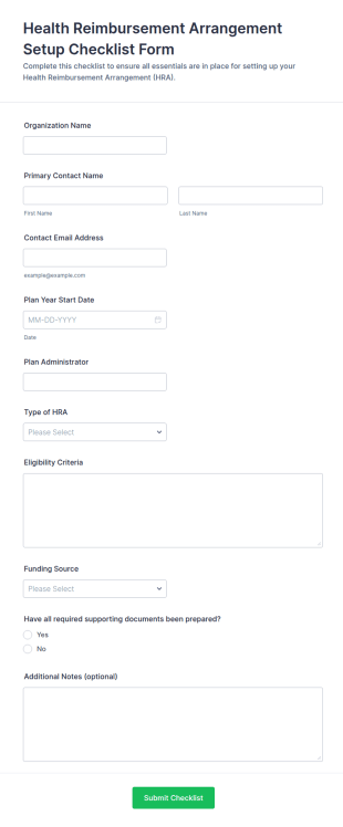 Health Reimbursement Arrangement Setup Checklist Form Template