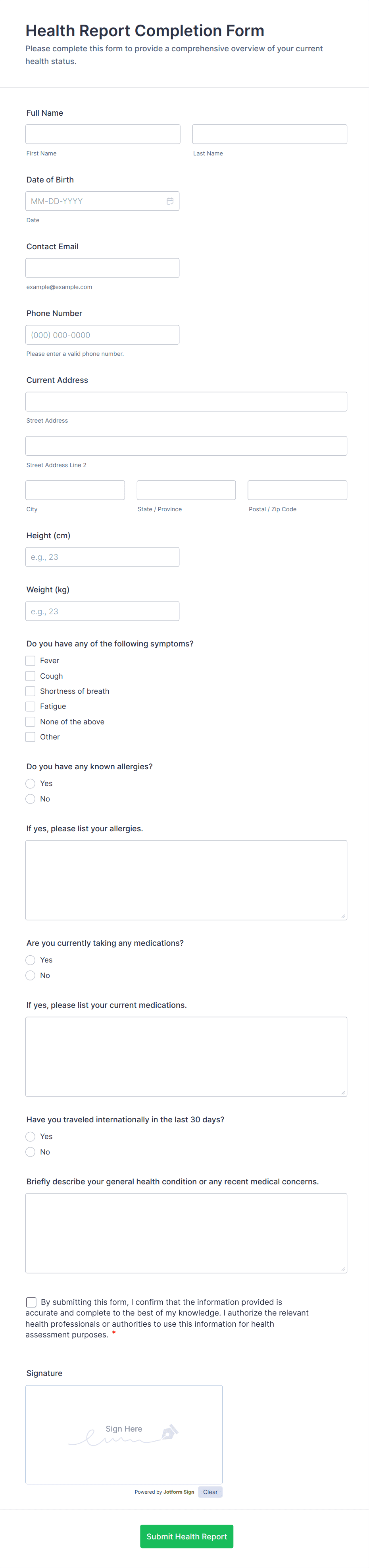 Health Report Completion Form Template | Jotform