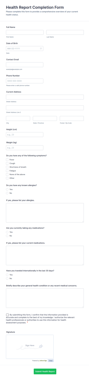 Health Report Completion Form Template