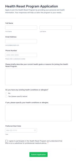 Health Reset Program Application Form Template