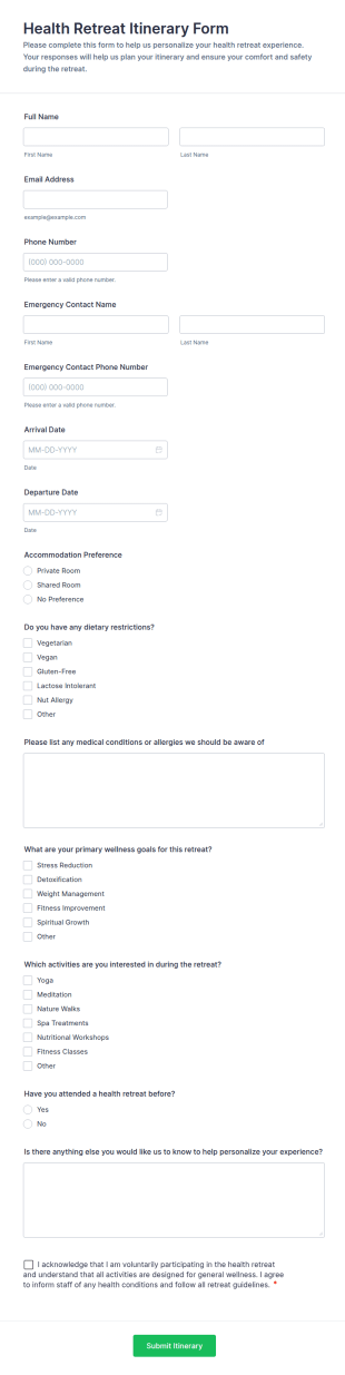 Health Retreat Itinerary Form Template