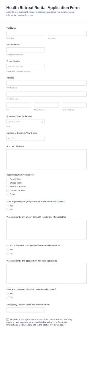 Health Retreat Rental Application Form Template