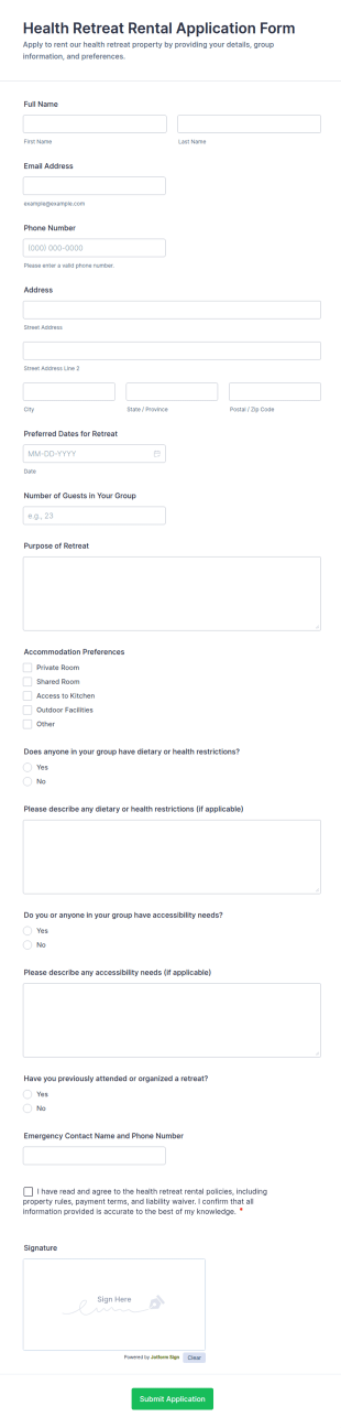 Health Retreat Rental Application Form Template