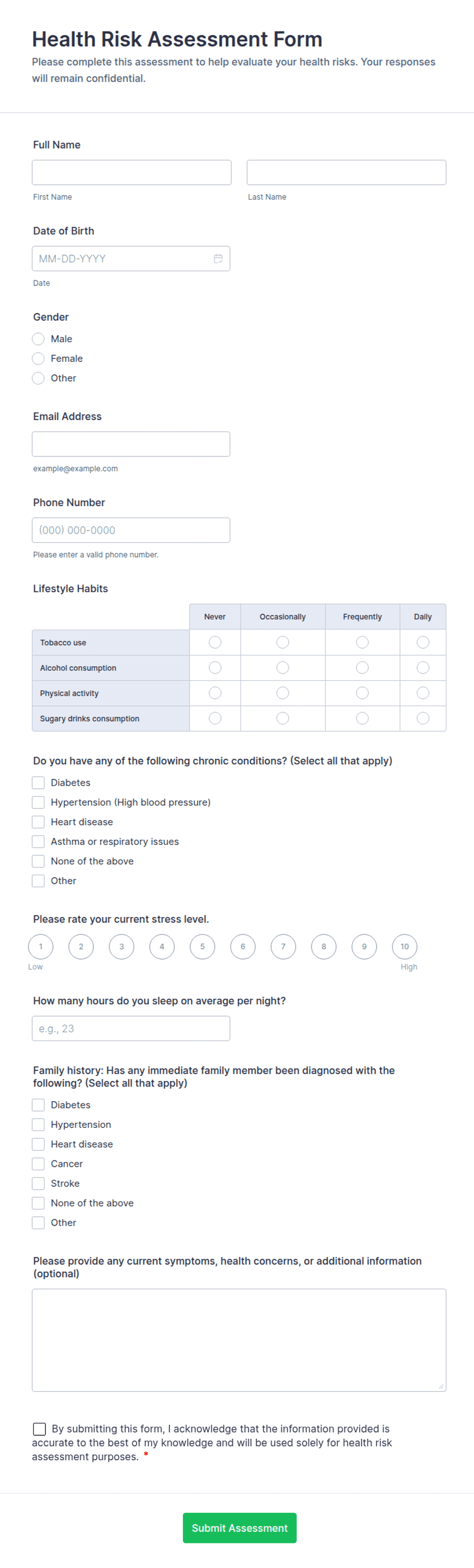Health Risk Assessment Form Template | Jotform