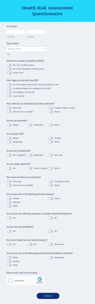Health Risk Assessment Questionnaire Form Template