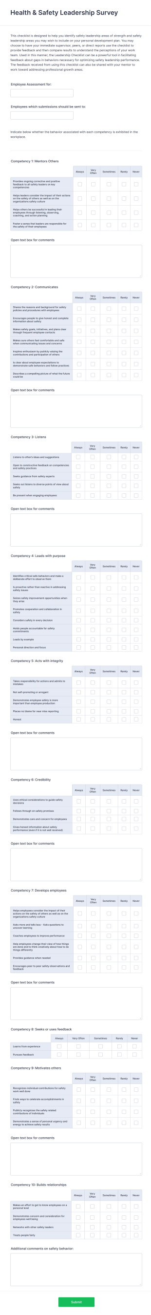 Health & Safety Leadership Survey Form Template
