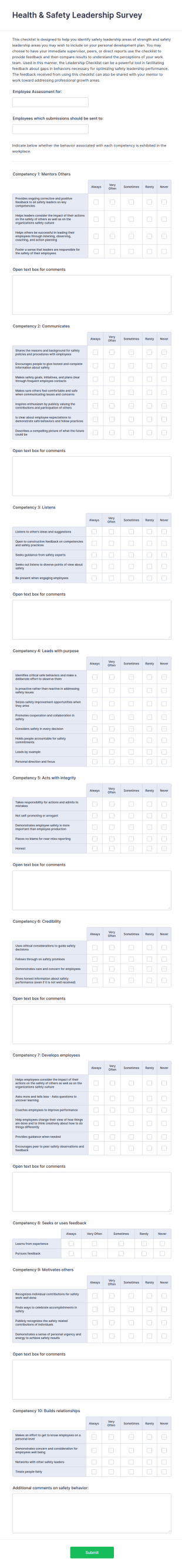 Health & Safety Leadership Survey Form Template