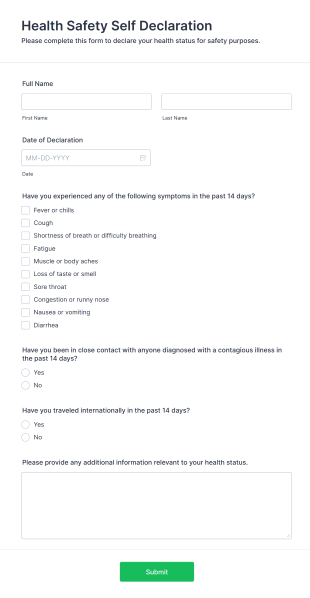 Health Safety Self Declaration Form Template