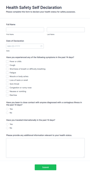 Health Safety Self Declaration Form Template