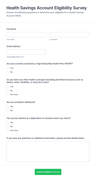 Health Savings Account Eligibility Survey Form Template