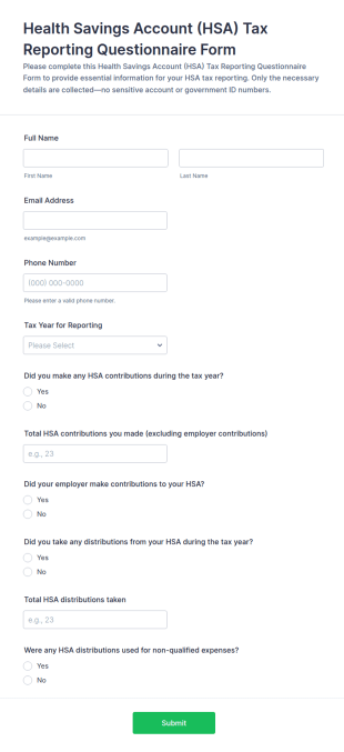 Health Savings Account (HSA) Tax Reporting Questionnaire Form Template