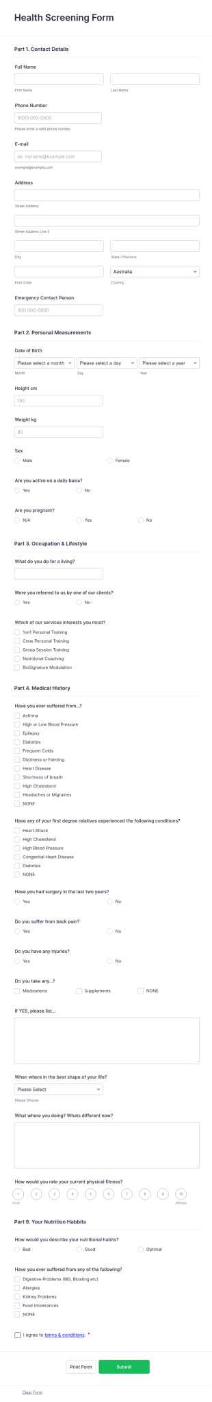 Health Screening Form Template