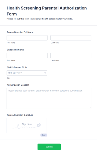 Health Screening Parental Authorization Form Form Template