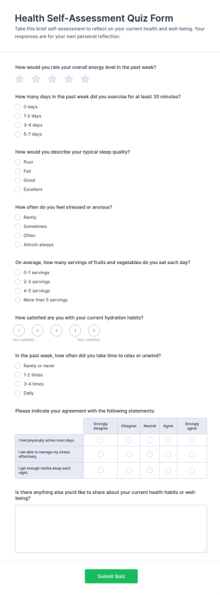 Health Self Assessment Quiz Form Template