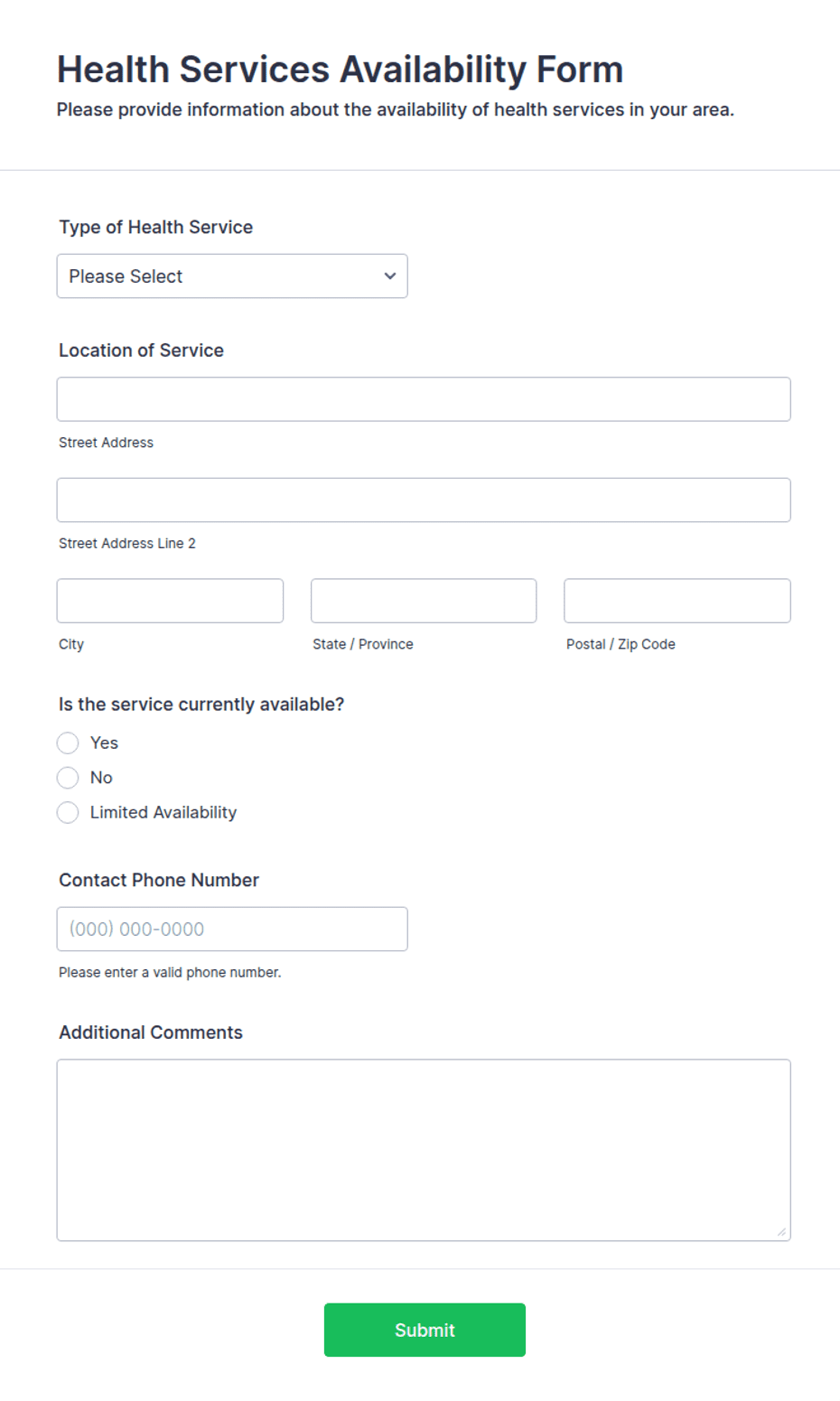 Health Services Availability Form Template | Jotform