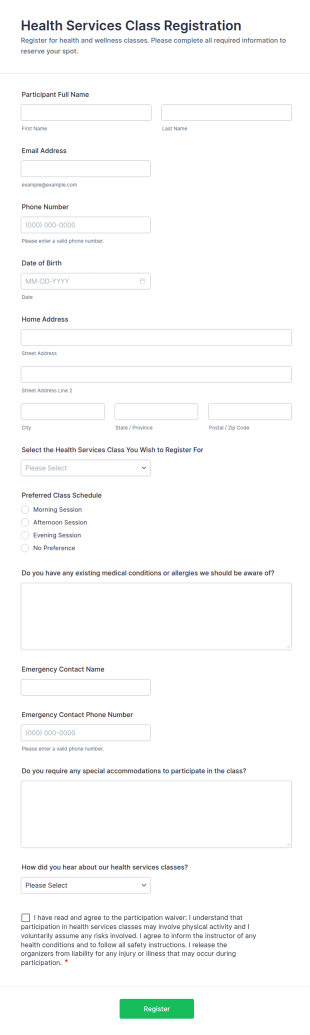 Health Services Class Registration Form Template