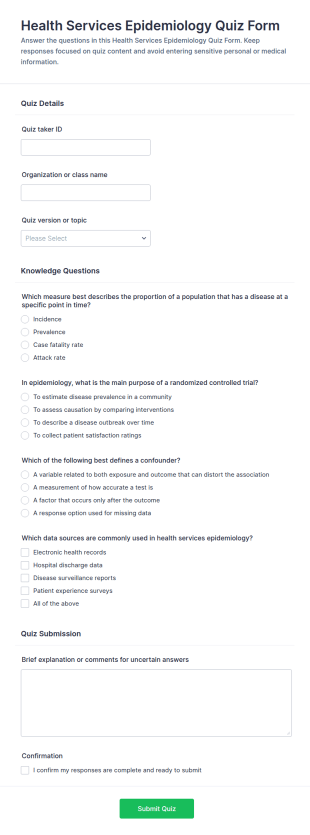 Health Services Epidemiology Quiz Form Template