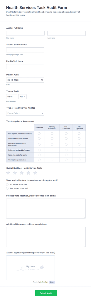 Health Services Task Audit Form Template