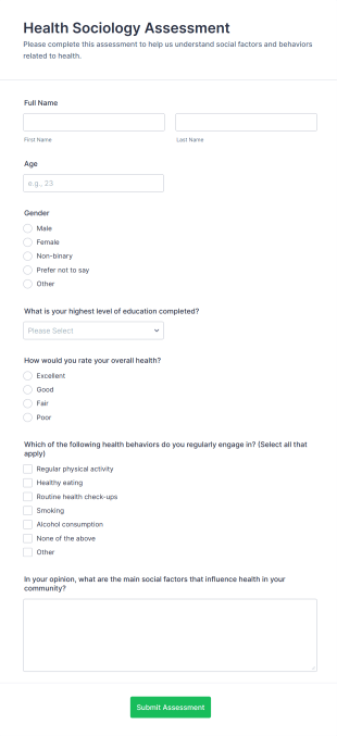 Health Sociology Assessment Form Template