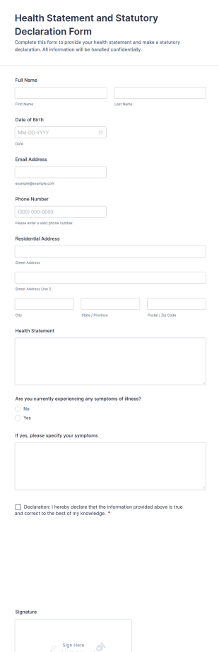 Health Statement And Statutory Declaration Form Template