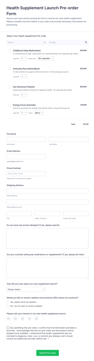 Health Supplement Launch Pre Order Form Template