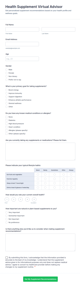 Health Supplement Virtual Advisor Form Template