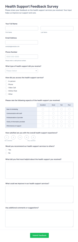 Health Support Feedback Survey Form Template