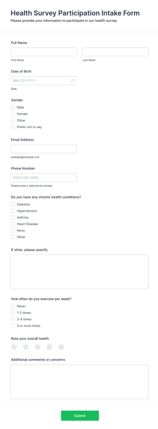 Health Survey Participation Intake Form Template